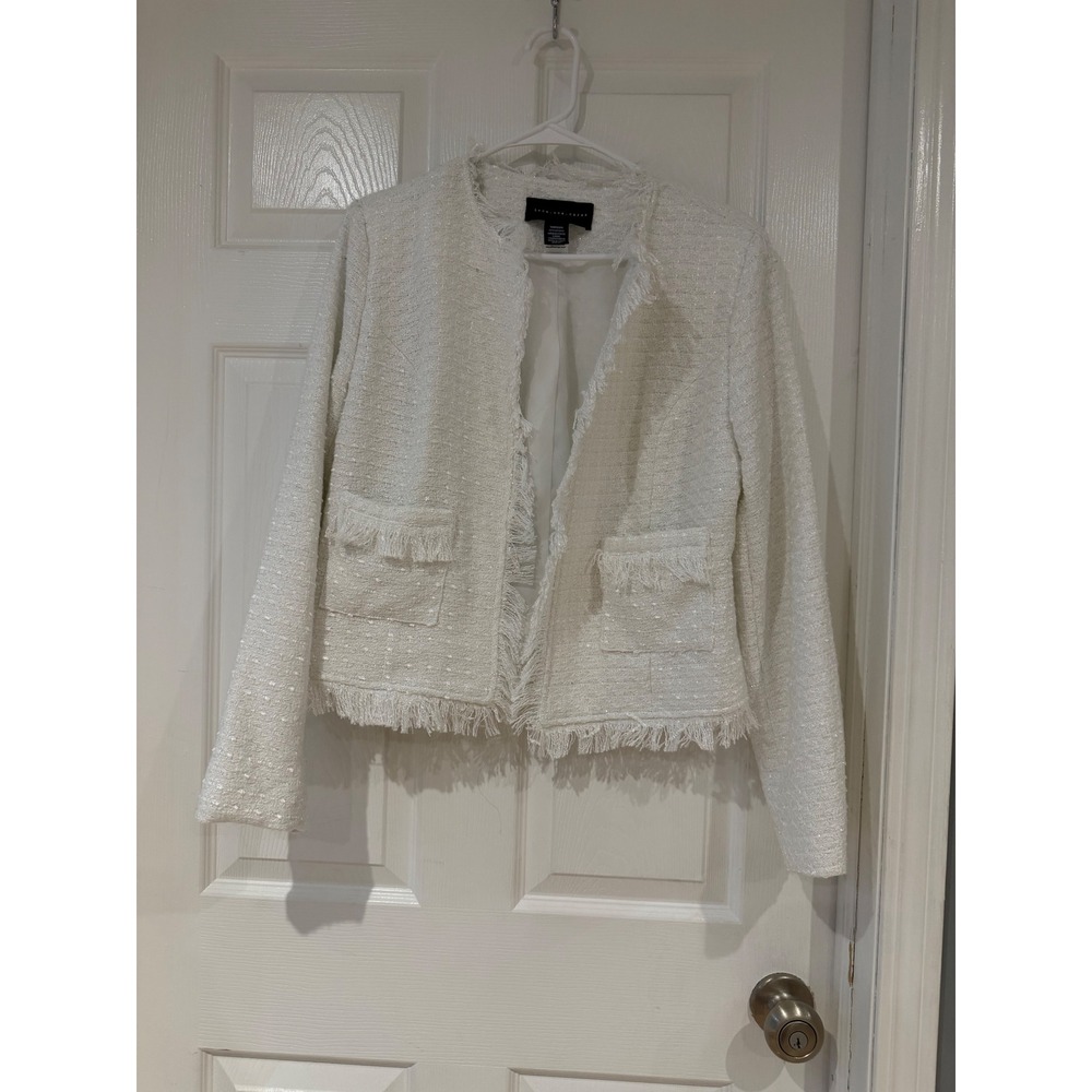 Know One Cares White Tweed Frayed Edge Open Front Blazer Jacket Medium Preppy